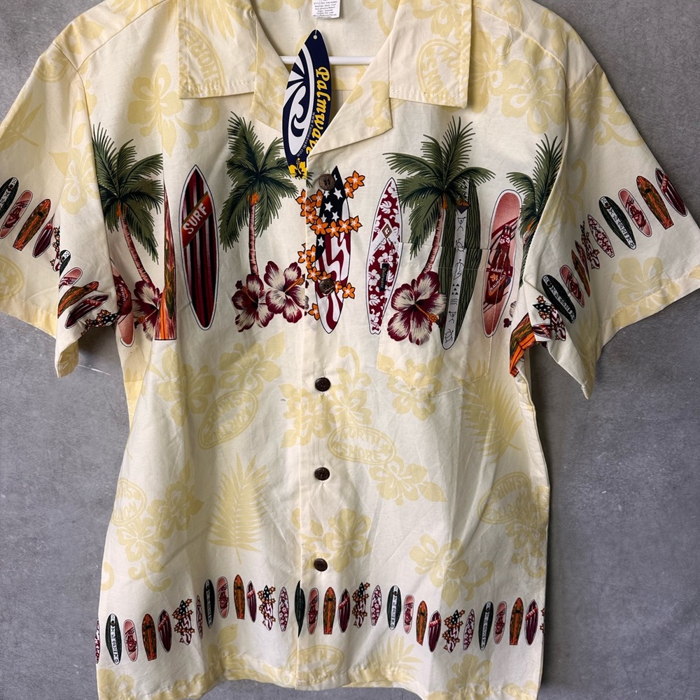 Yellow and Green Casual Button Down Shirt with Tropical Safari Design